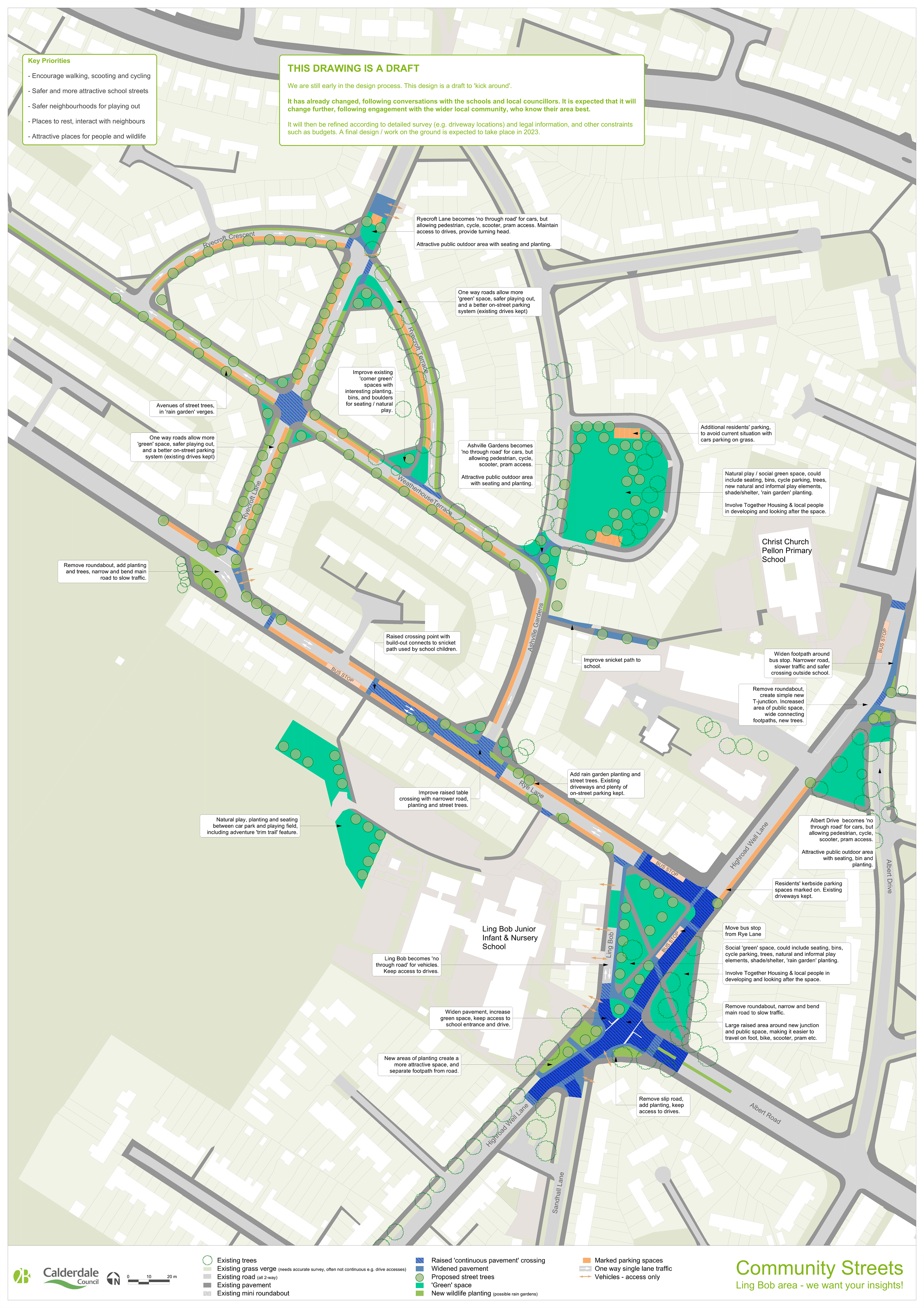 Draft plans depict proposals for the area around Ling Bob Junior, Infant and Nursery School, and Christ Church (Pellon) Primary School. 