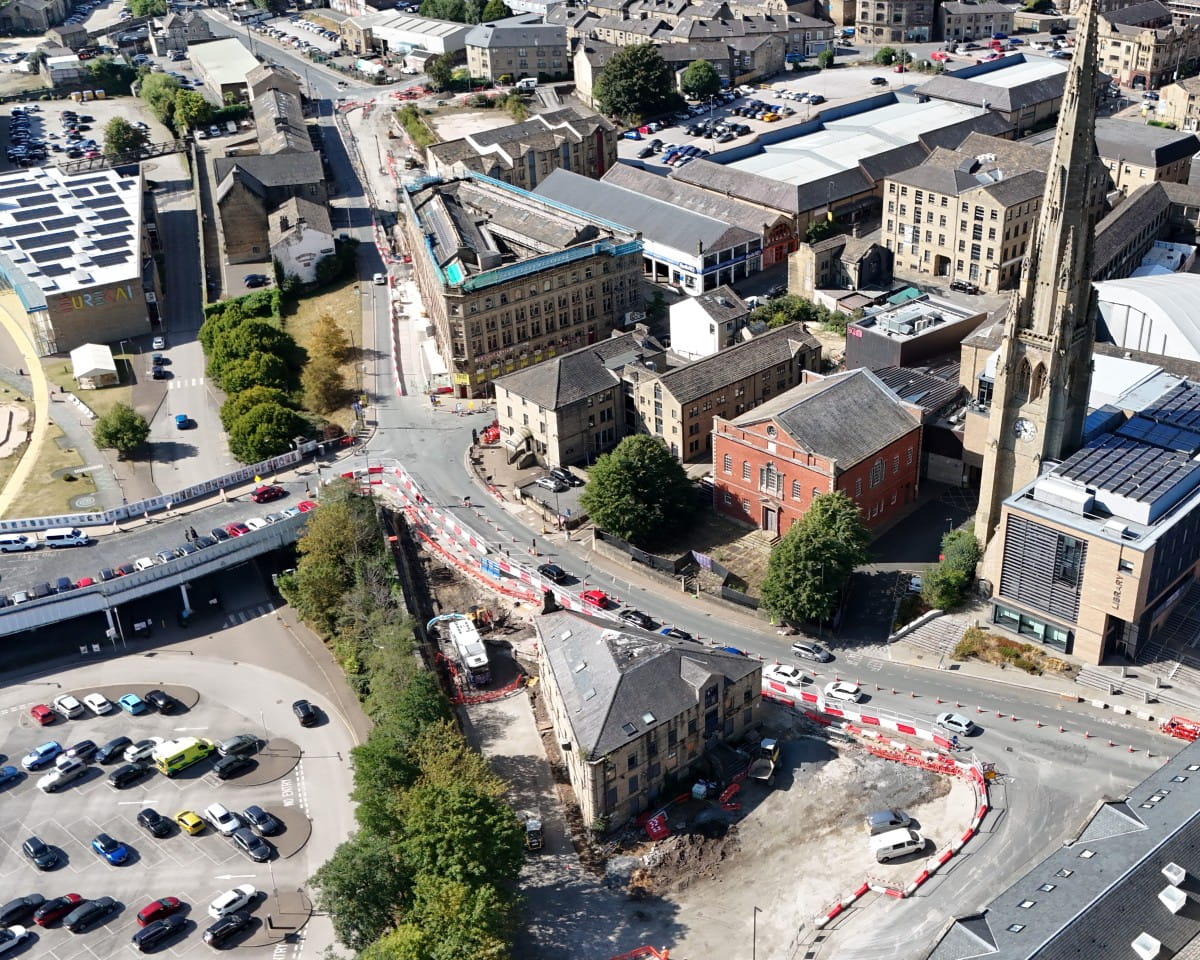 Ariel view of roadworks and site compound.
