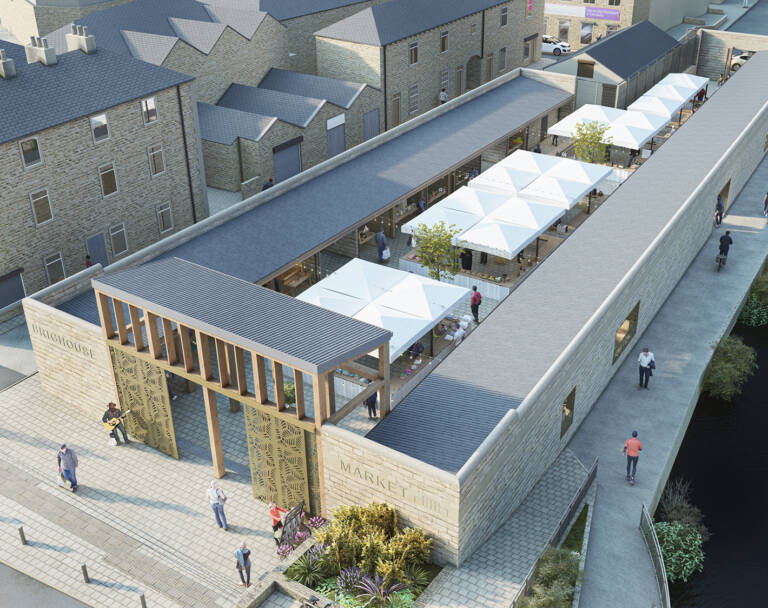 Aerial view of Brighouse Open market showing covered stalls, new timber framed feature entrance and space for events and seating.