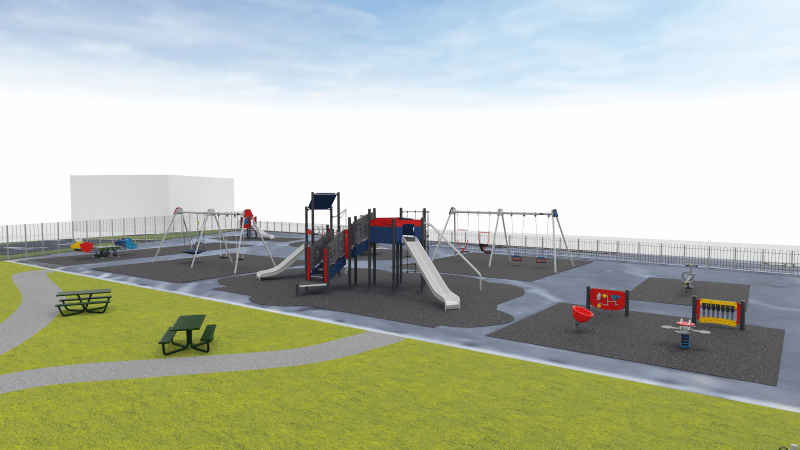 Visualisation of proposed new playground with slides, swings and things for children to climb and explore.