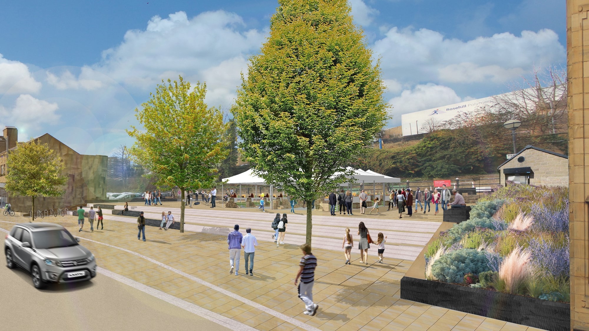 Visualisation of the new square with temporary event stalls, cycle parking, planting, and places sit. 