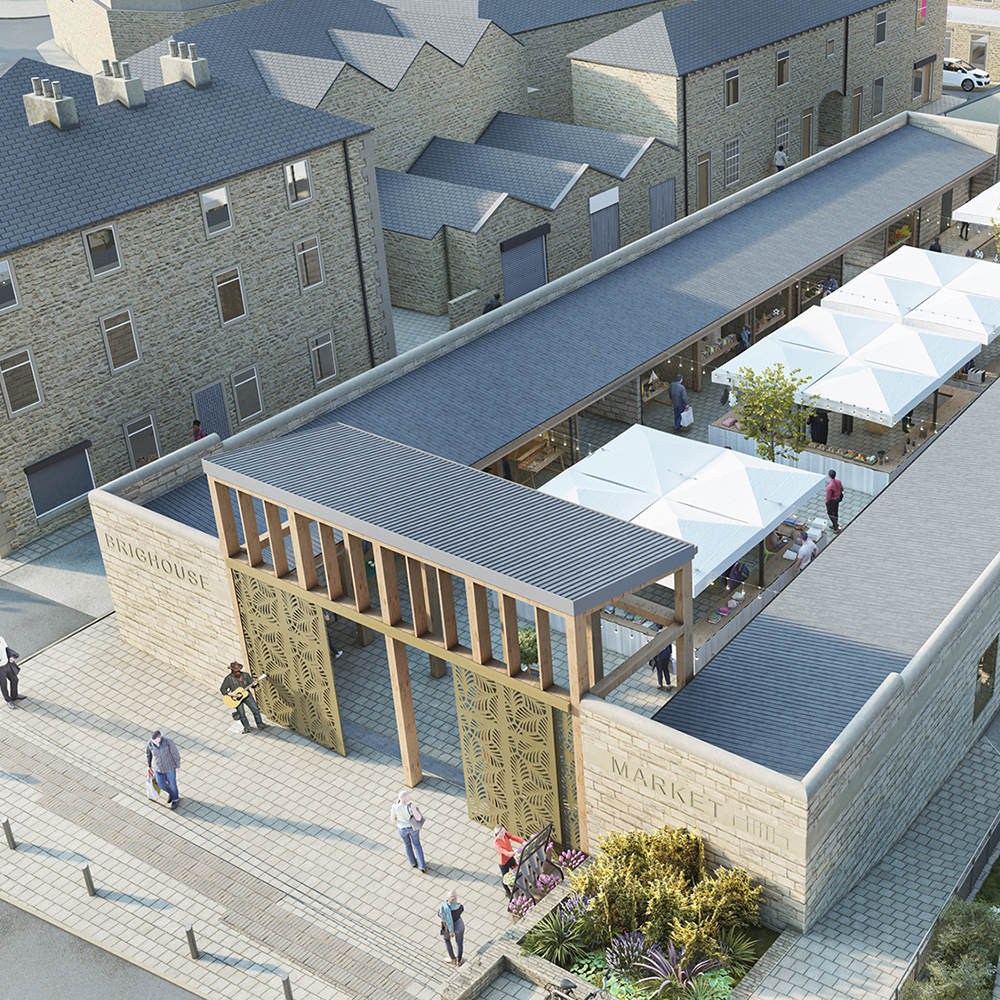 Visualisation of Brighouse Open Market showing covered stalls, feature entrance and central space for events.
