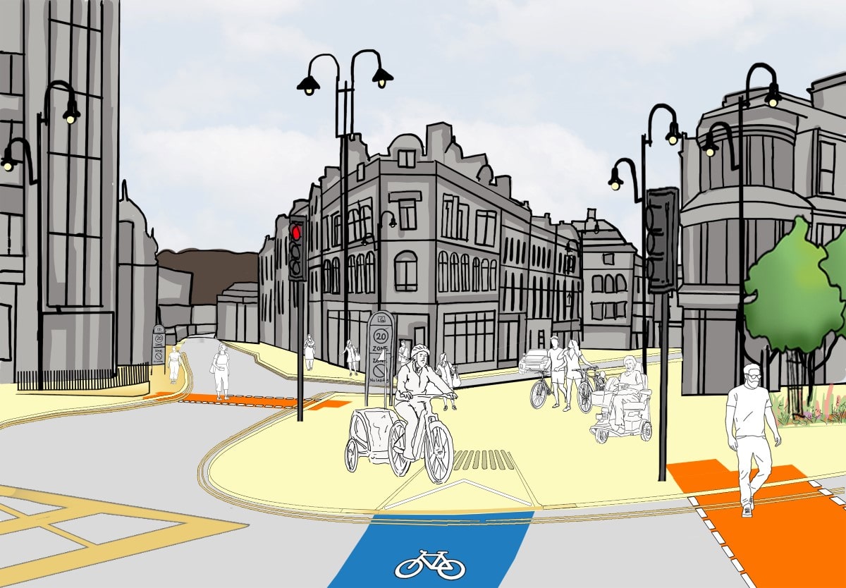 Artist visualisation of what the new layout at Cow Green will look like with wider footpaths and clear routes for all road users.