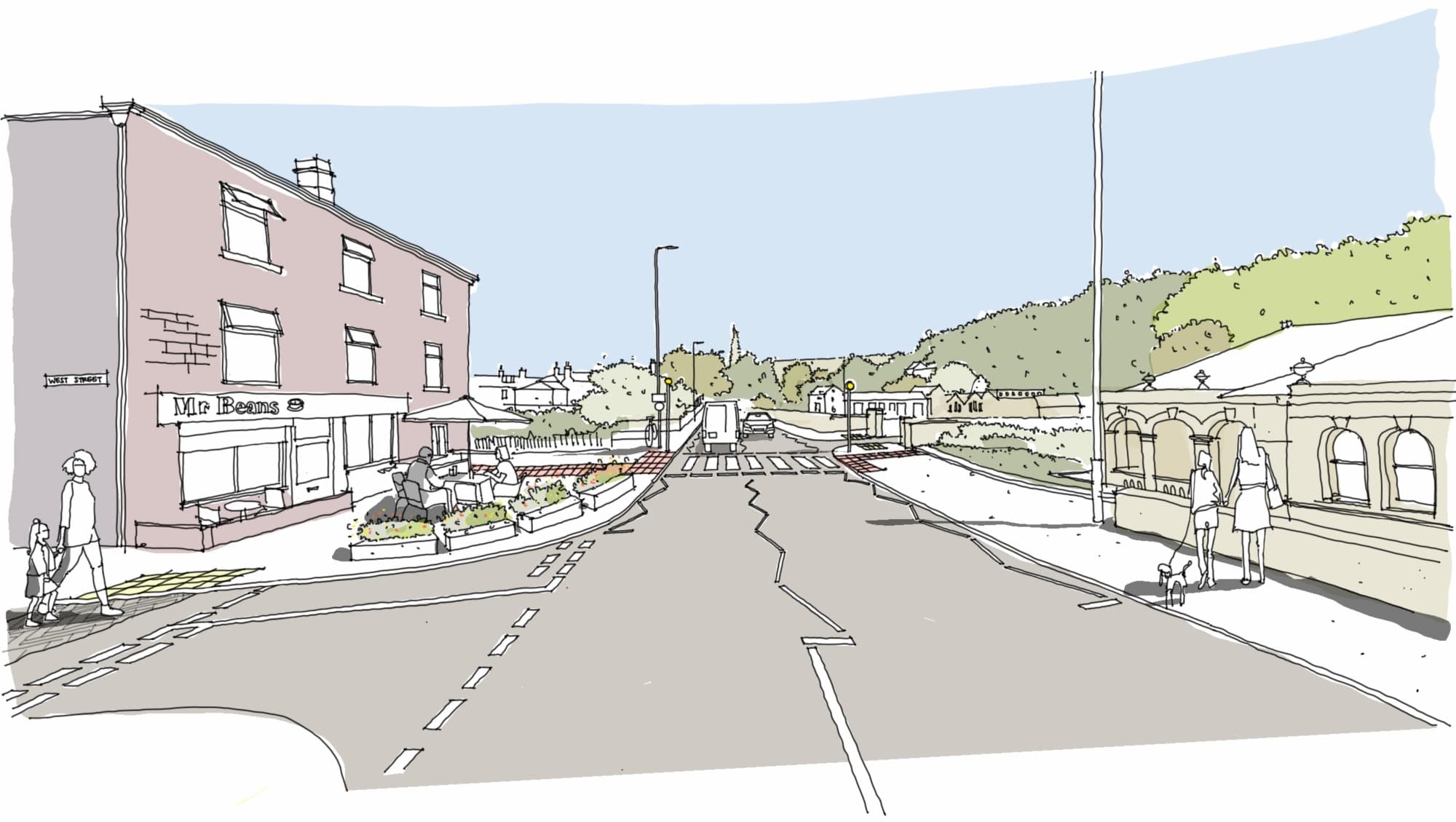 Visualisation of people walking along Burnley Road and people sat outside Mr Beans cafe enjoying the new public space with decorative planting.  The refreshed zebra crossing and improved tactile paving outside Centre Vale Park can be seen in the background.