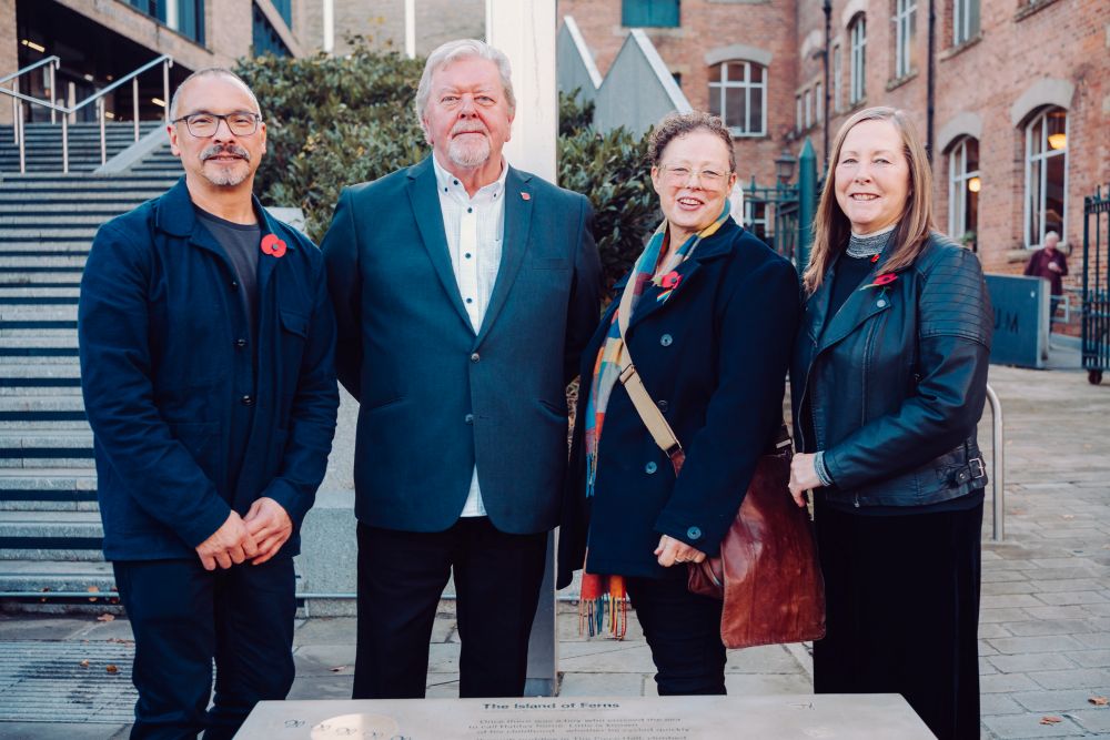 The new installation outside the Halifax Central Library with (left to right): Ian Humphreys, David Moffatt (nephew), Councillor Sarah Courtney and Helen Grady (niece).