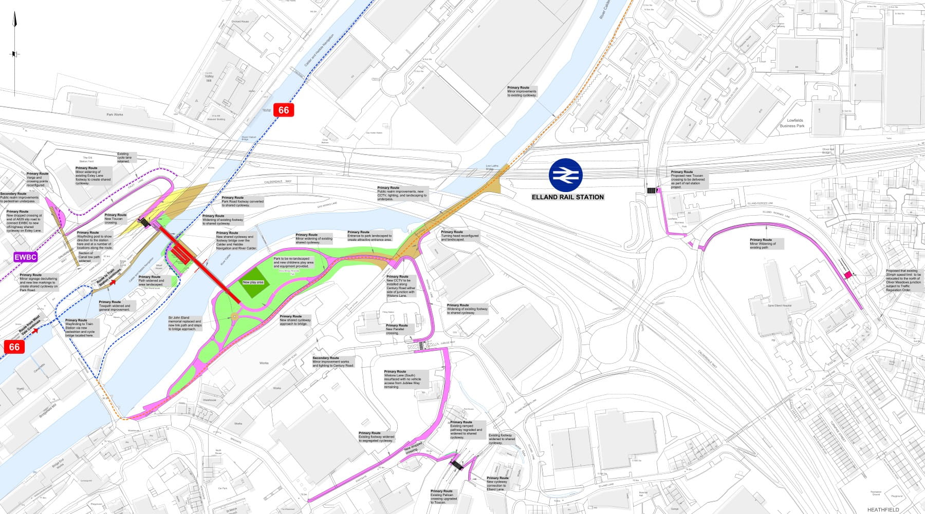 A new bridge will span the River Calder and the Calder and Hebble Navigation, and connect to routes around Elland and West Vale. New crossings and route upgrades will be complemented by a upgrades for Riverside Park.