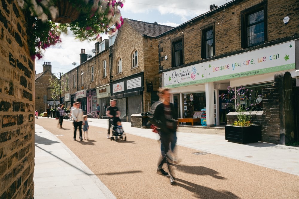 People on Southgate. Now pedestrianised to allow more space for people to walk, push prams and enjoy the town centre.