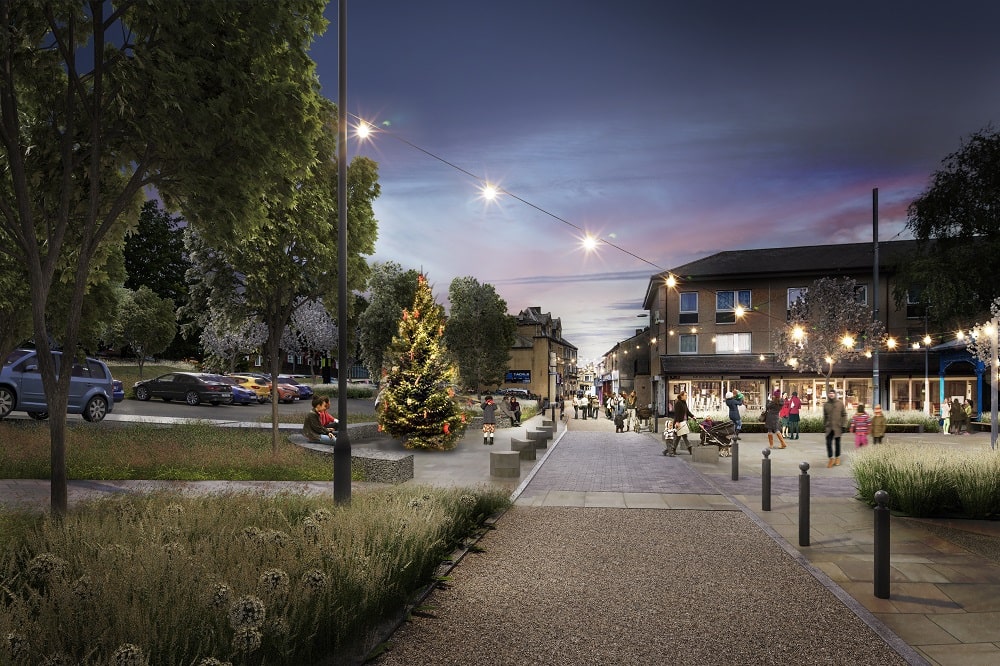 View from Southgate of the car park, the street and the square. The car park has 17 bays and small landscaped section. Visualisation of proposed layout. 