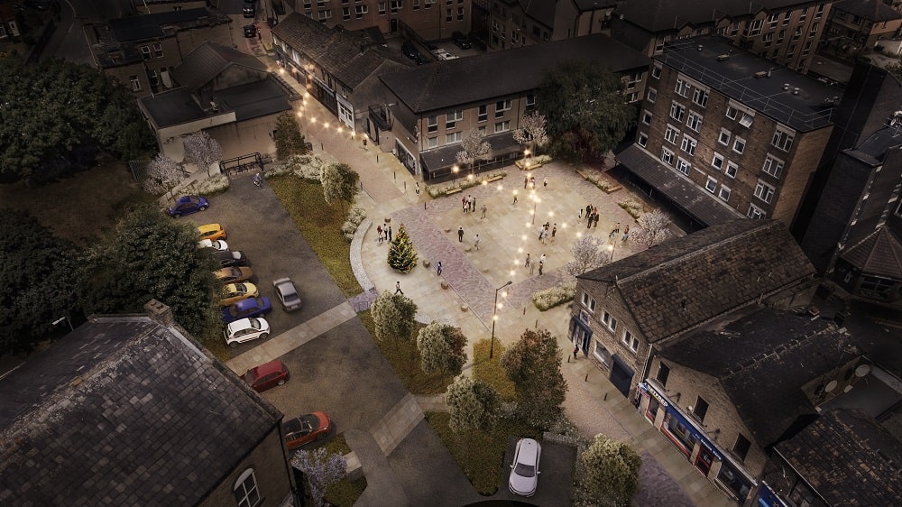 A bird's eye view of the car park, the street and the square. The car park has 12 bays and a landscaped area.