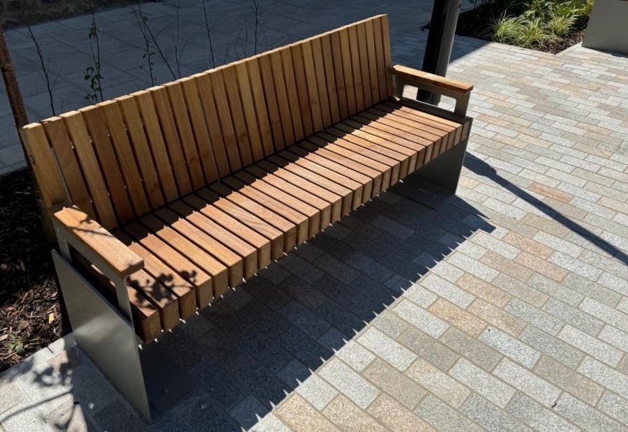 Example of the new street furniture in Southgate Square, high quality metal and wooden benches.